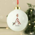 Personalised Children's Initial & Name Little Robin Ceramic Christmas Bauble - Image 3