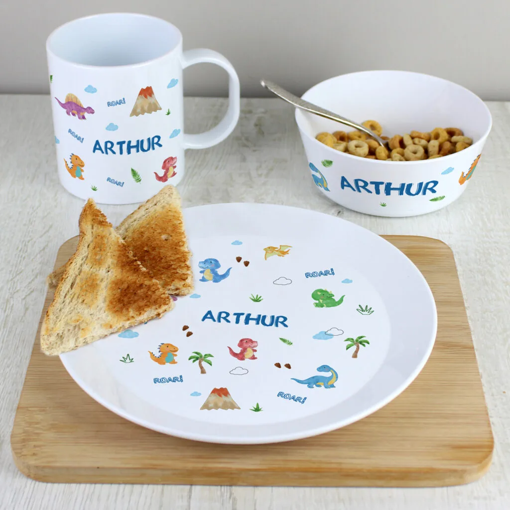 4004003 Personalised Children's Dinosaur Design Plastic Breakfast Set 2