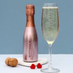 Personalised Name Only Glass Champagne Flute & Mini Bottle of Bottega Rose Gold Gift Set
