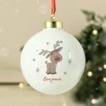 Personalised Children's Cute Little Reindeer Design Ceramic Christmas Bauble - Image 3