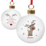 Personalised Children's Cute Little Reindeer Design Ceramic Christmas Bauble - Image 5
