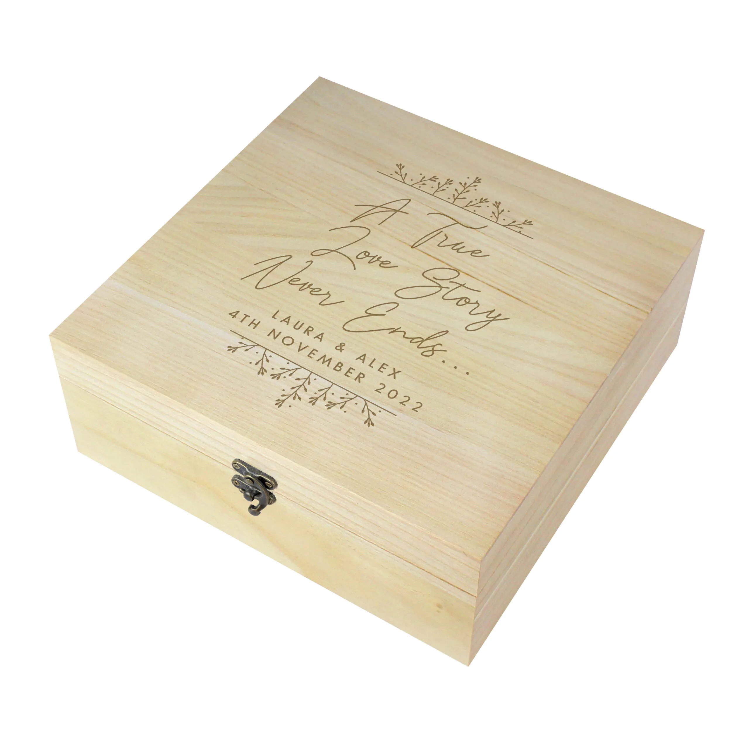 Personalised 'A True Love Story Never Ends' Large Wooden Keepsake Box - Image 4