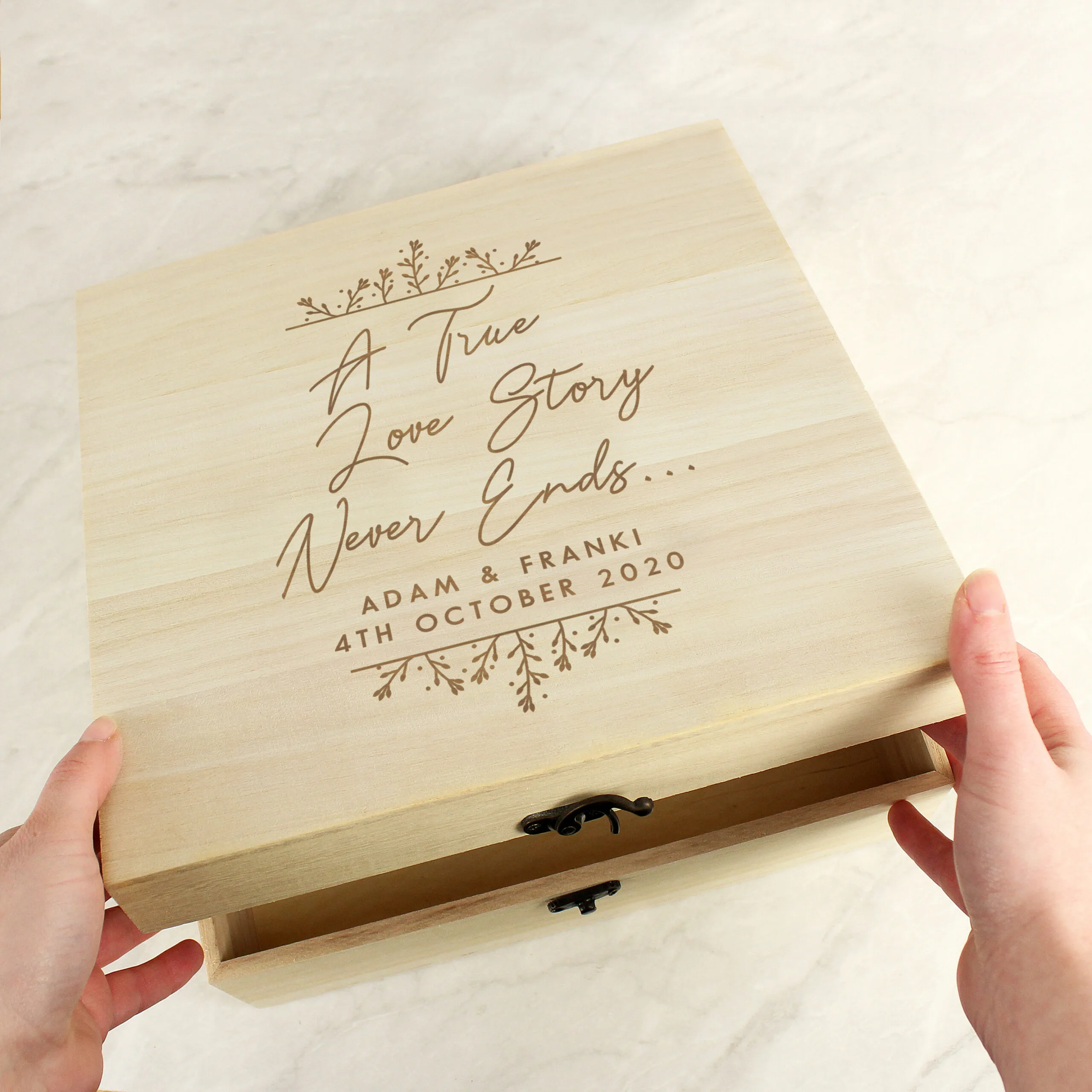 4004412 Personalised 'A True Love Story Never Ends' Large Wooden Keepsake Box Personalised 'A True Love Story Never Ends' Large Wooden Keepsake Box - Image 1