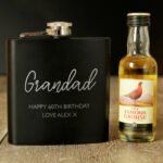 Personalised Any Message Black Stainless Steel Hip Flask & Miniature Bottle of Grouse Gift Set