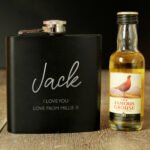 Personalised Any Message Black Stainless Steel Hip Flask & Miniature Bottle of Grouse Gift Set - Image 3