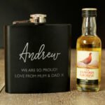 Personalised Any Message Black Stainless Steel Hip Flask & Miniature Bottle of Grouse Gift Set - Image 4