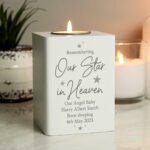 Personalised 'Remembering Our Star In Heaven' White Wooden Tea Light Candle Holder