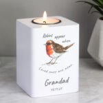 Personalised 'Robins Appear...' Memorial White Wooden Tea Light Candle Holder