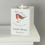 Personalised 'Robins Appear...' Memorial White Wooden Tea Light Candle Holder - Image 2
