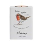 Personalised 'Robins Appear...' Memorial White Wooden Tea Light Candle Holder - Image 4