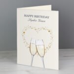 Personalised Gold Champagne Flutes & Heart Design Greeting Card
