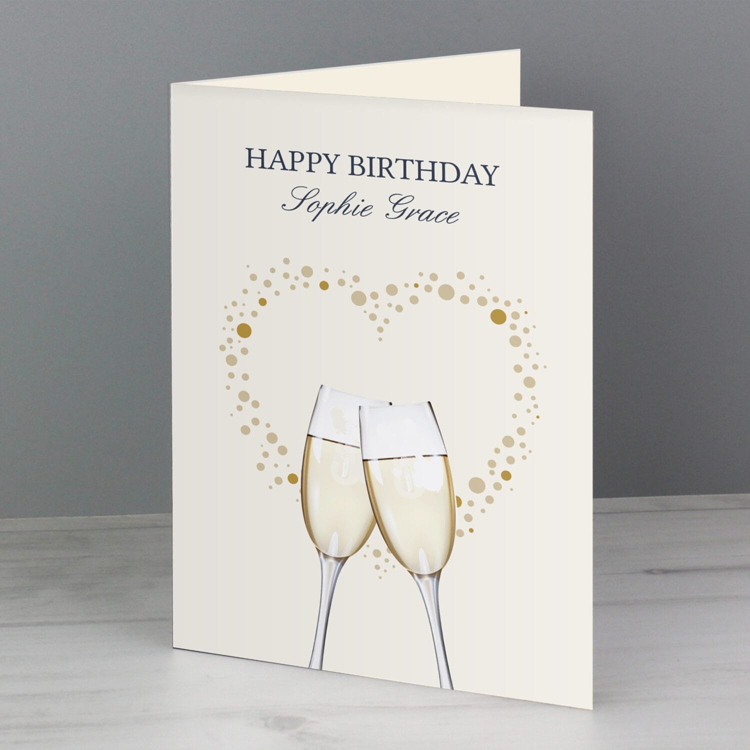 GC00529 Personalised Gold Champagne Flutes & Heart Design Greeting Card Personalised Gold Champagne Flutes & Heart Design Greeting Card - Image 1