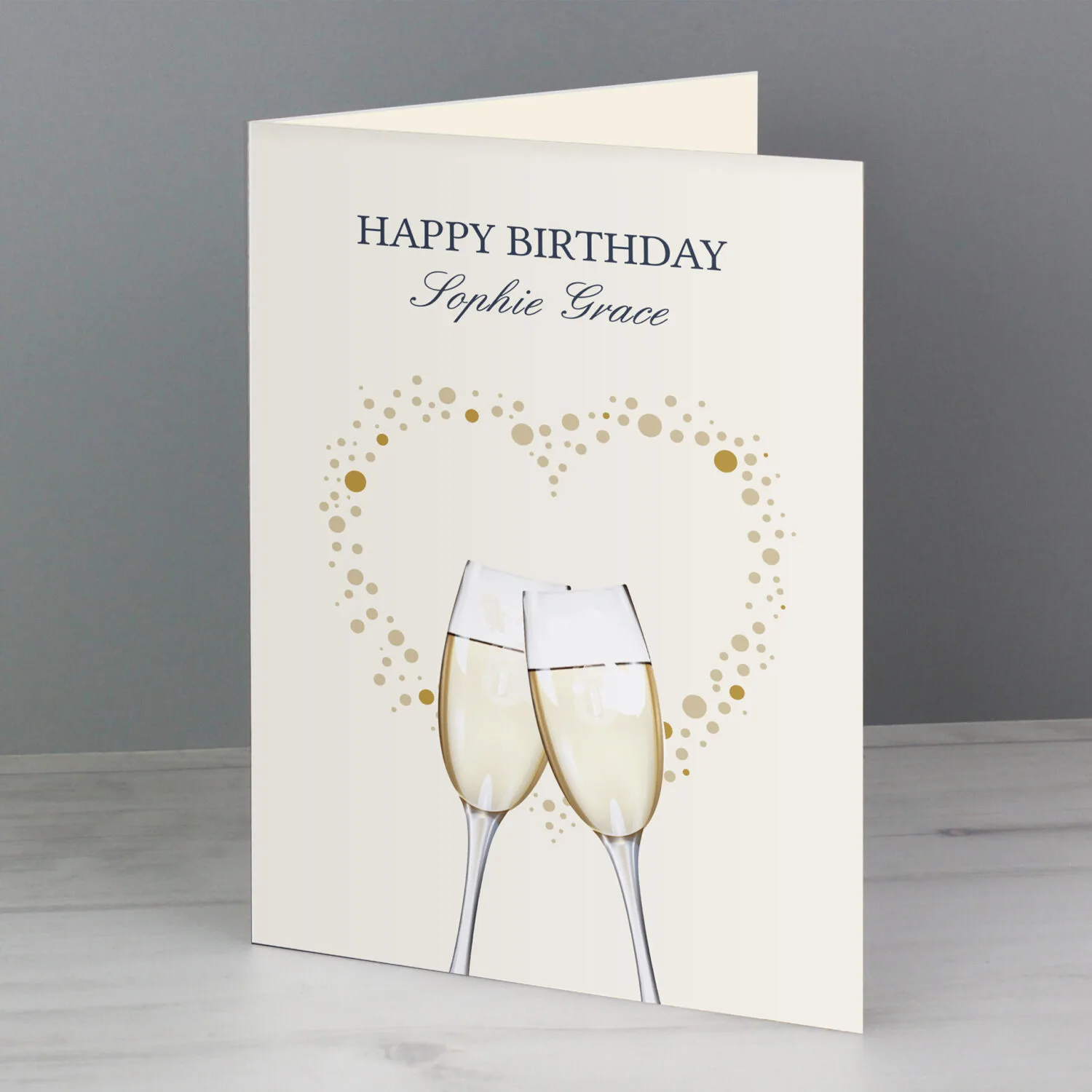 Personalised Gold Champagne Flutes & Heart Design Greeting Card - Image 1
