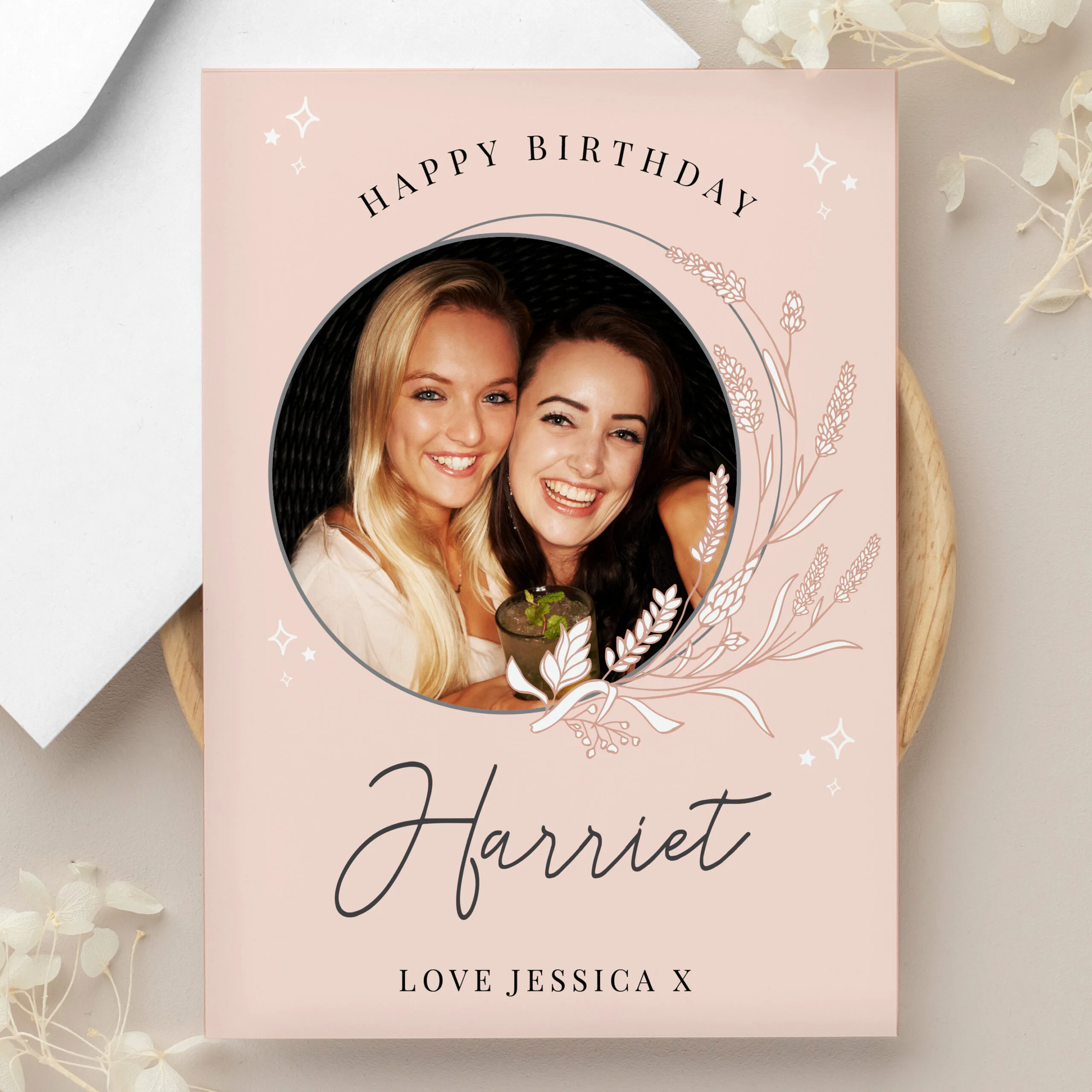 Personalised Pink Wreath Design Photo Upload Greeting Card - Image 4