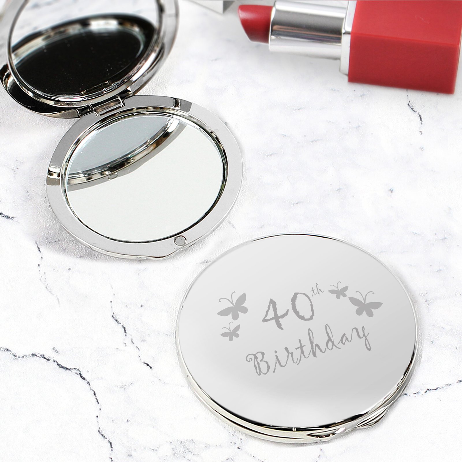NP0102D16 ’40th Birthday’ Butterflies Motif Round Silver Nickel Plated Compact Mirror ’40th Birthday’ Butterflies Motif Round Silver Nickel Plated Compact Mirror - Image 1