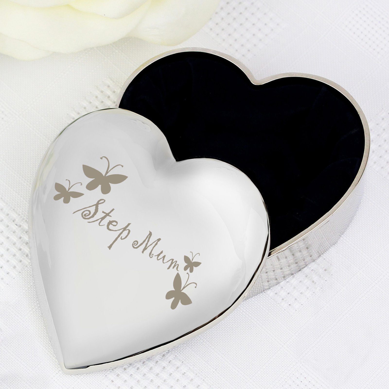 NP0102D41 ‘Step Mum’ Butterflies Motif Heart Shaped Silver Nickel Plated Trinket Box ‘Step Mum’ Butterflies Motif Heart Shaped Silver Nickel Plated Trinket Box - Image 1