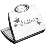 ‘Sister’ Butterflies Motif Handbag Shaped Silver Nickel Plated Compact Mirror - Image 2