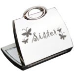 ‘Sister’ Butterflies Motif Handbag Shaped Silver Nickel Plated Compact Mirror - Image 2