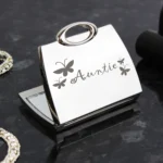 ‘Auntie’ Butterflies Motif Handbag Shaped Silver Nickel Plated Compact Mirror