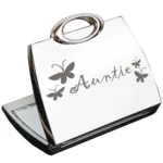 ‘Auntie’ Butterflies Motif Handbag Shaped Silver Nickel Plated Compact Mirror - Image 2