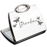 ‘Grandma’ Butterflies Motif Handbag Shaped Silver Nickel Plated Compact Mirror - Image 2