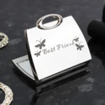 'Best Friend' Butterflies Motif Handbag Shaped Silver Nickel Plated Compact Mirror