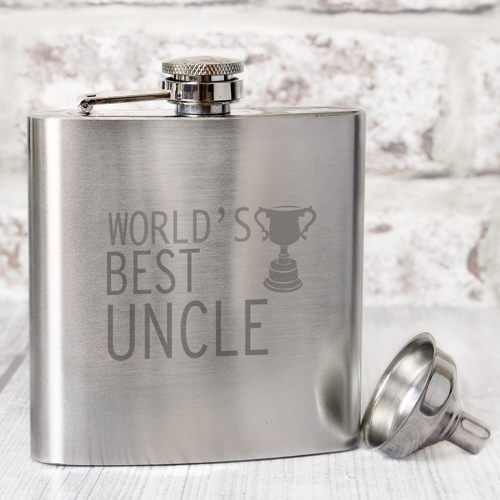 NP0102E24 'World's Best Uncle' Stainless Steel Hip Flask 'World's Best Uncle' Trophy Motif Stainless Steel Hip Flask - Image 1