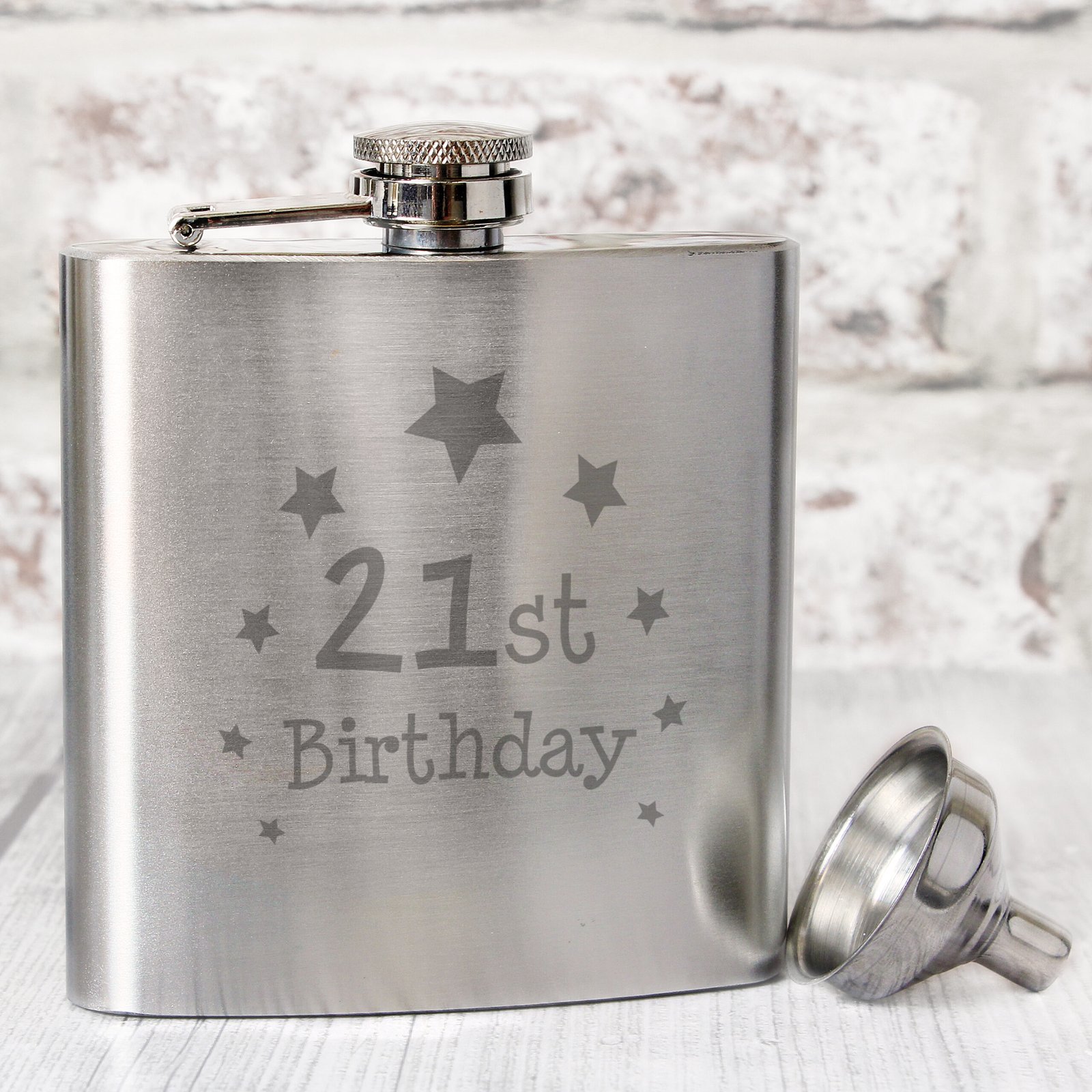 NP0102E37 ’21st Birthday’ Stars Motif Stainless Steel Hip Flask ’21st Birthday’ Stars Motif Stainless Steel Hip Flask - Image 1