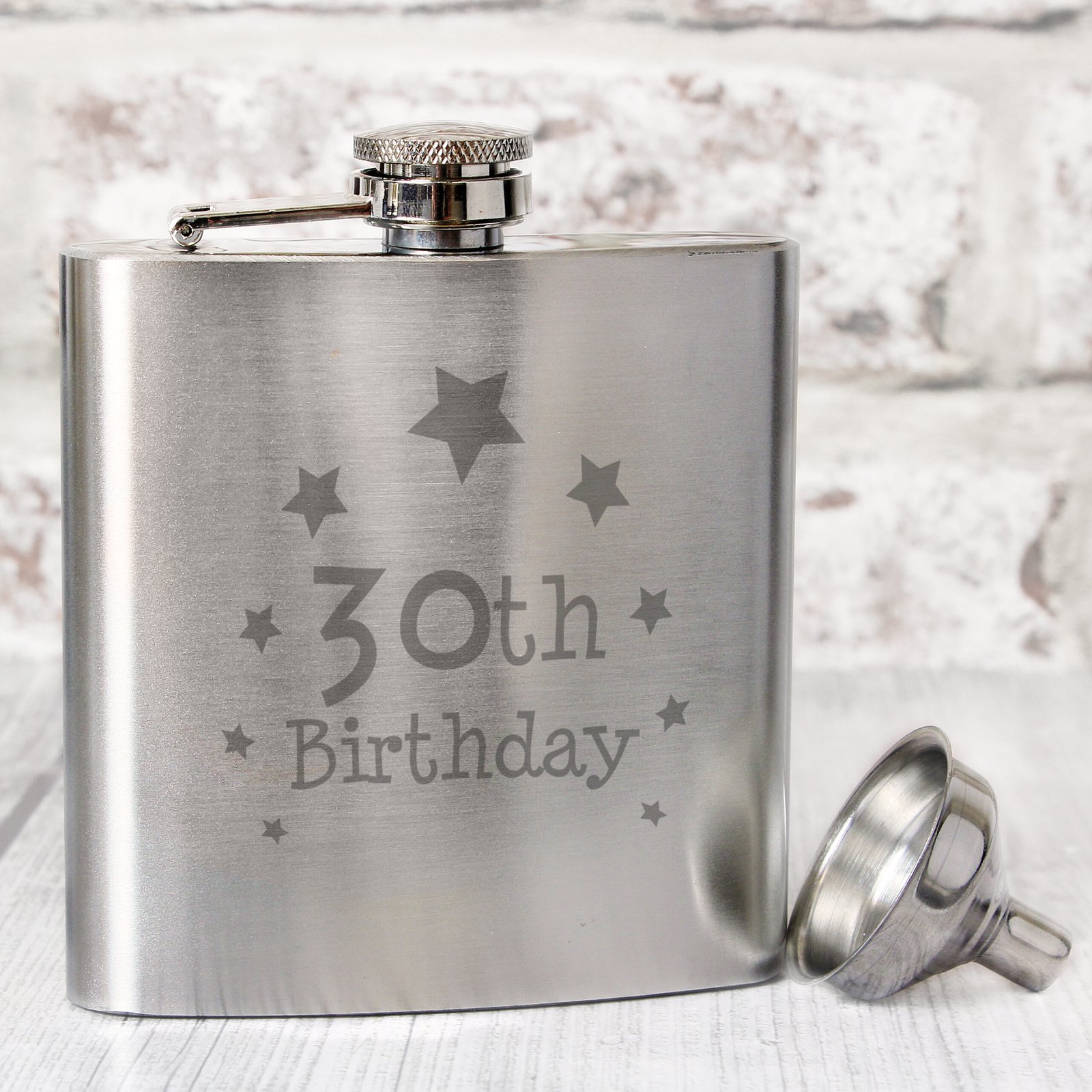 NP0102E38 ’30th Birthday’ Stars Motif Stainless Steel Hip Flask ’30th Birthday’ Stars Motif Stainless Steel Hip Flask - Image 1