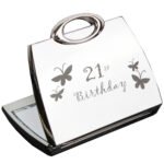 ‘21st Birthday’ Butterflies Motif Handbag Shaped Silver Nickel Plated Compact Mirror - Image 2
