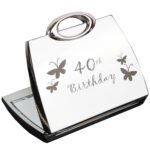 ‘40th Birthday’ Butterflies Motif Handbag Shaped Silver Nickel Plated Compact Mirror - Image 2