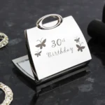 ‘30th Birthday’ Butterflies Motif Handbag Shaped Silver Nickel Plated Compact Mirror