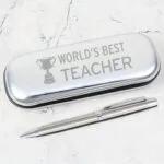 ‘World’s Best Teacher’ Trophy Motif Chrome Plated Pen & Gift Box Set