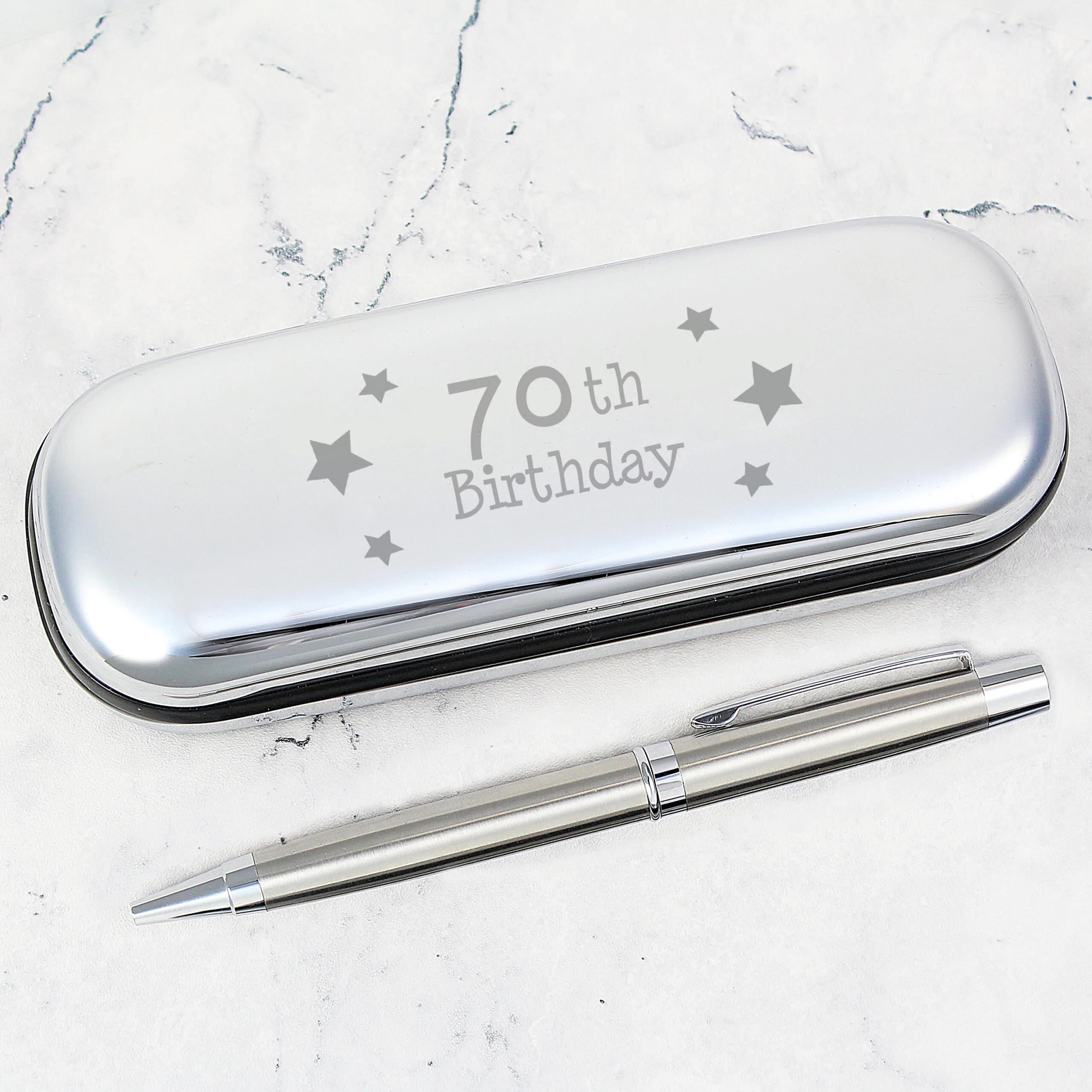 NP010390 ‘70th Birthday’ Stars Motif Chrome Plated Pen & Gift Box Set ‘70th Birthday’ Stars Motif Chrome Plated Pen & Gift Box Set - Image 1