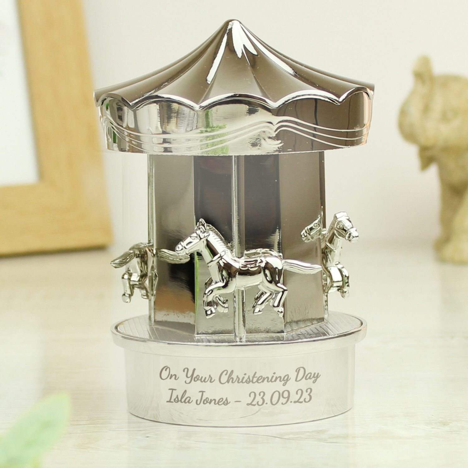 P010278 Personalised Any Message Silver Plated Carousel Money Box Personalised Any Message Silver Plated Carousel Money Box - Image 1