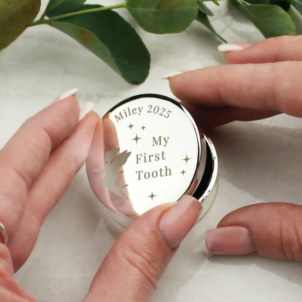 P0102AA07 Personalised Fairy Princess Design 'My First Tooth' Round Silver Finish Trinket Box 2