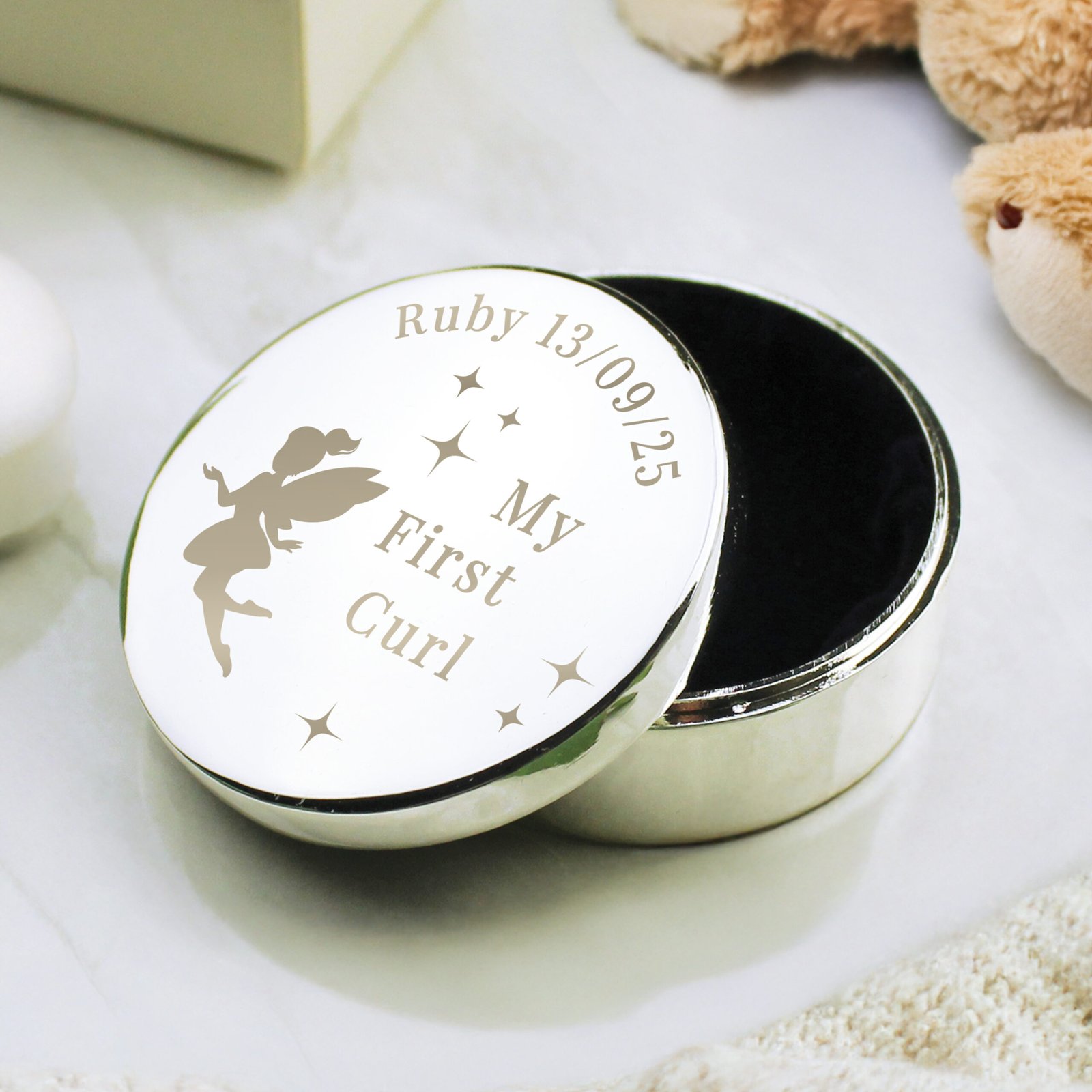 P0102AA08 Personalised Fairy Princess Design ‘My First Curl’ Round Silver Finish Trinket Box 4 Personalised Fairy Princess Design ‘My First Curl’ Round Silver Finish Trinket Box - Image 1