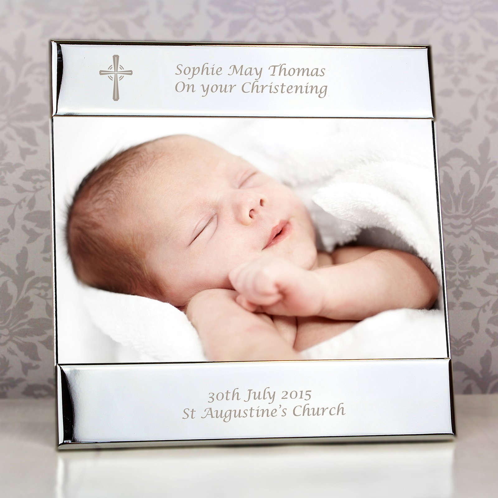 P0102C36 Personalised Cross Motif 6x4 Landscape Square Silver Photo Frame Personalised Cross Motif 6x4 Landscape Square Silver Photo Frame - Image 1