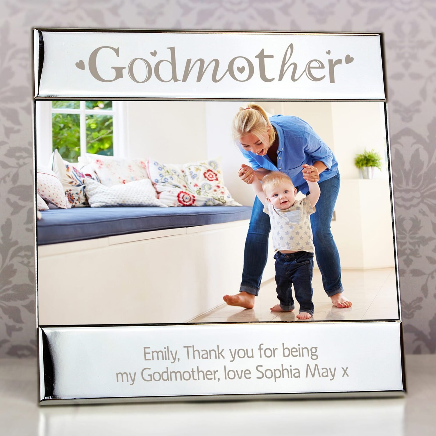 P0102C38 Personalised ‘Godmother’ Hearts Design 6×4 Landscape Square Silver Photo Frame Personalised ‘Godmother’ Hearts Design 6×4 Landscape Square Silver Photo Frame - Image 1