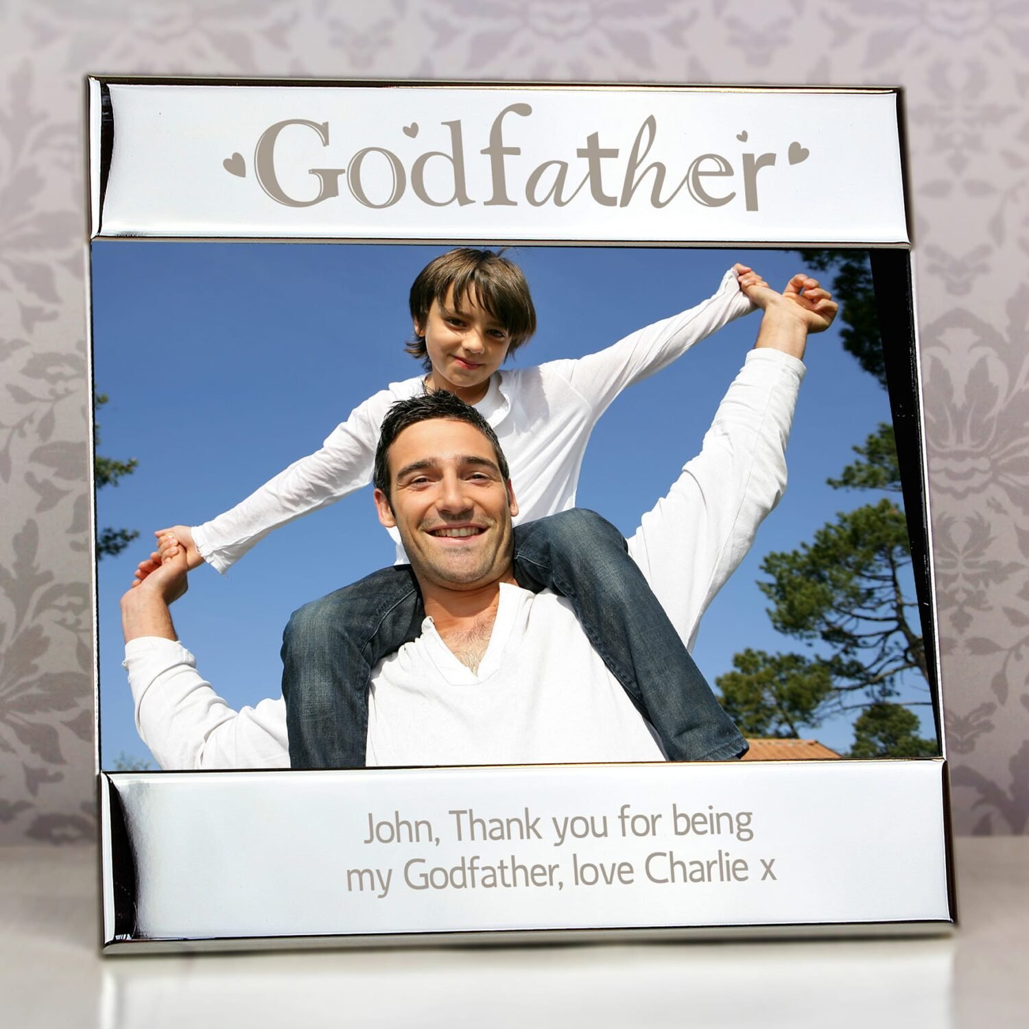 P0102C39 Personalised ‘Godfather’ Hearts Design 6×4 Landscape Square Silver Photo Frame Personalised ‘Godfather’ Hearts Design 6×4 Landscape Square Silver Photo Frame - Image 1