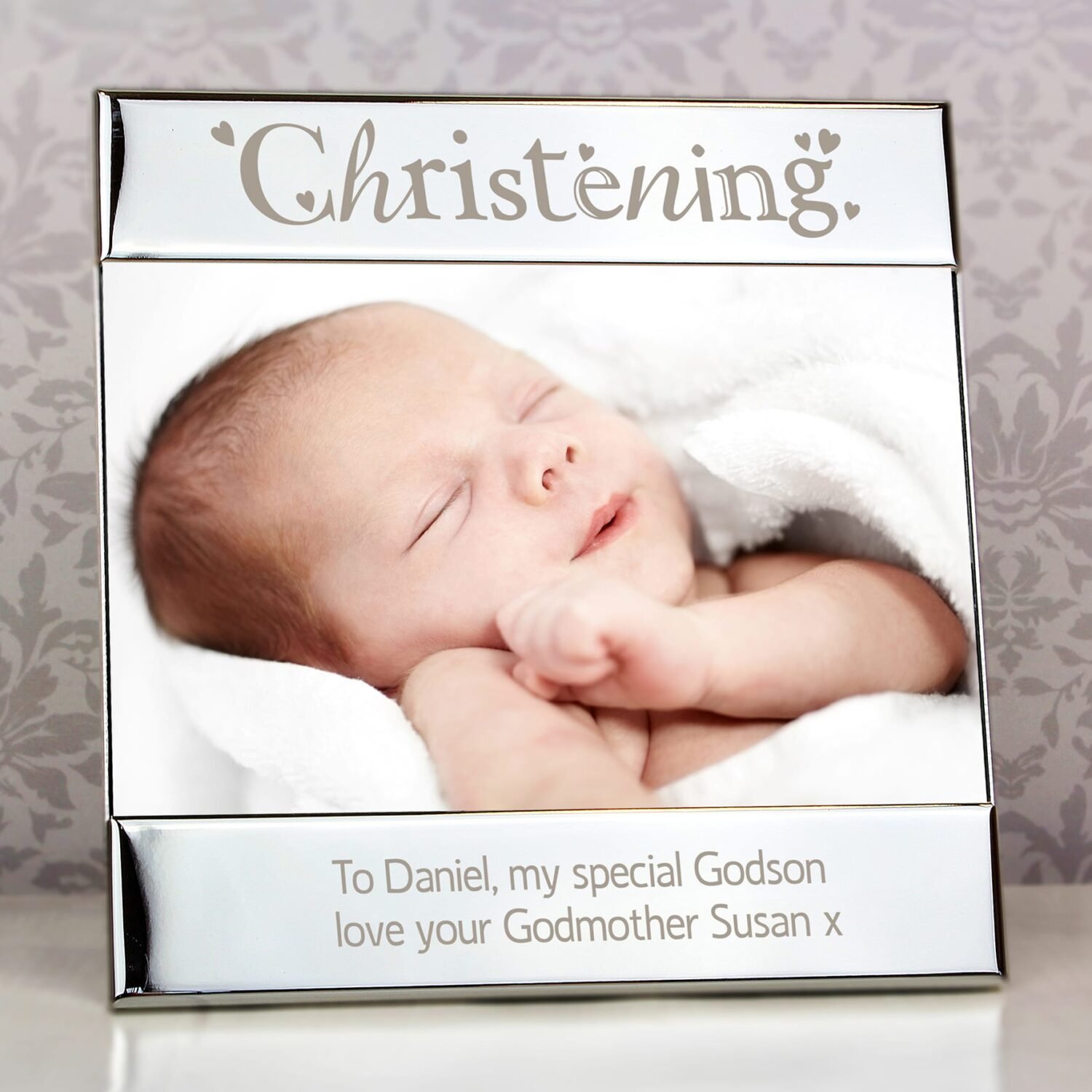 P0102C40 Personalised ‘Christening’ Hearts Design 6×4 Landscape Square Silver Photo Frame Personalised ‘Christening’ Hearts Design 6×4 Landscape Square Silver Photo Frame - Image 1