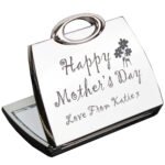 Personalised ‘Happy Mother's Day’ Flower Motif Handbag Shaped Silver Nickel Plated Compact Mirror - Image 2