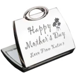 Personalised ‘Happy Mother's Day’ Flower Motif Handbag Shaped Silver Nickel Plated Compact Mirror - Image 2