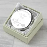 Personalised Any Message Train Motif ‘My First Curl’ Round Silver Finish Trinket Box