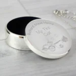 Personalised Any Message Train Motif ‘My First Curl’ Round Silver Finish Trinket Box - Image 2