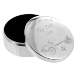 Personalised Any Message Train Motif ‘My First Curl’ Round Silver Finish Trinket Box - Image 4