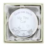 Personalised Any Message Train Motif ‘My First Curl’ Round Silver Finish Trinket Box - Image 5