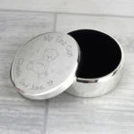 Personalised Any Message Teddy Motif ‘My First Curl’ Round Silver Finish Trinket Box - Image 2