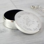 Personalised Any Message Teddy Motif ‘My First Curl’ Round Silver Finish Trinket Box