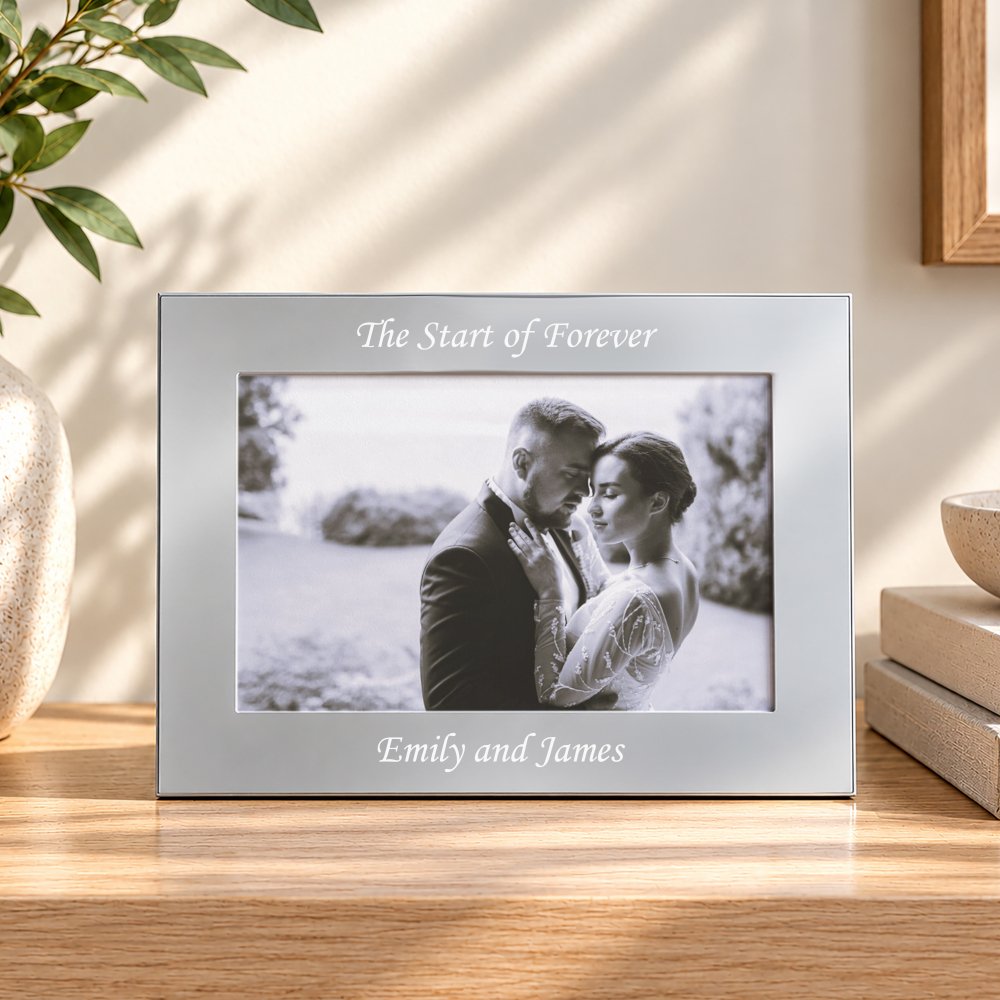 P0102F11 Personalised Any Message 6x4 Landscape Silver Finish Metal Photo Frame New